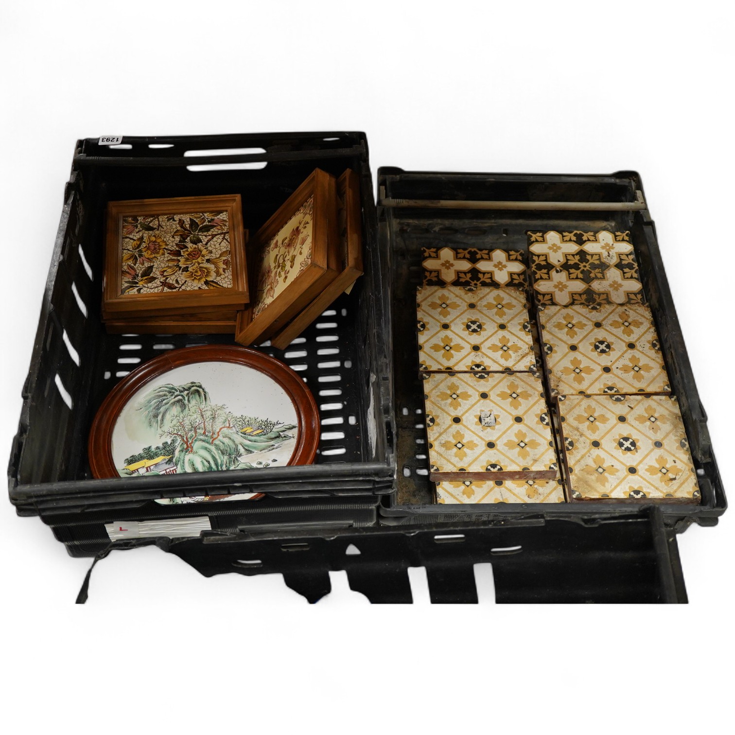 A collection of various tiles to include Minton style and a framed Chinese circular plaque